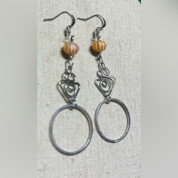 Lightweight Handmade Dangly Orange & Silver Earrings - Picture 3 of 5